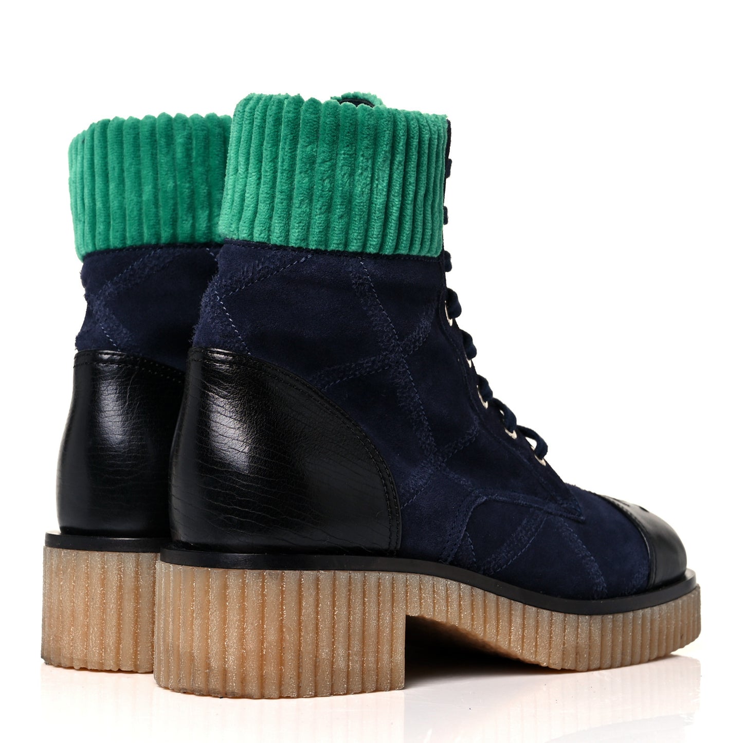 Suede Calfskin Velvet Quilted CC Combat Boots 36 Navy Green Black