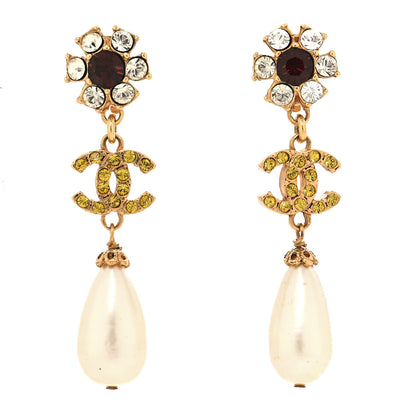 Chanel Crystal Pearl Tear Drop CC Clip On Earrings Gold Multicolor 1 of 4