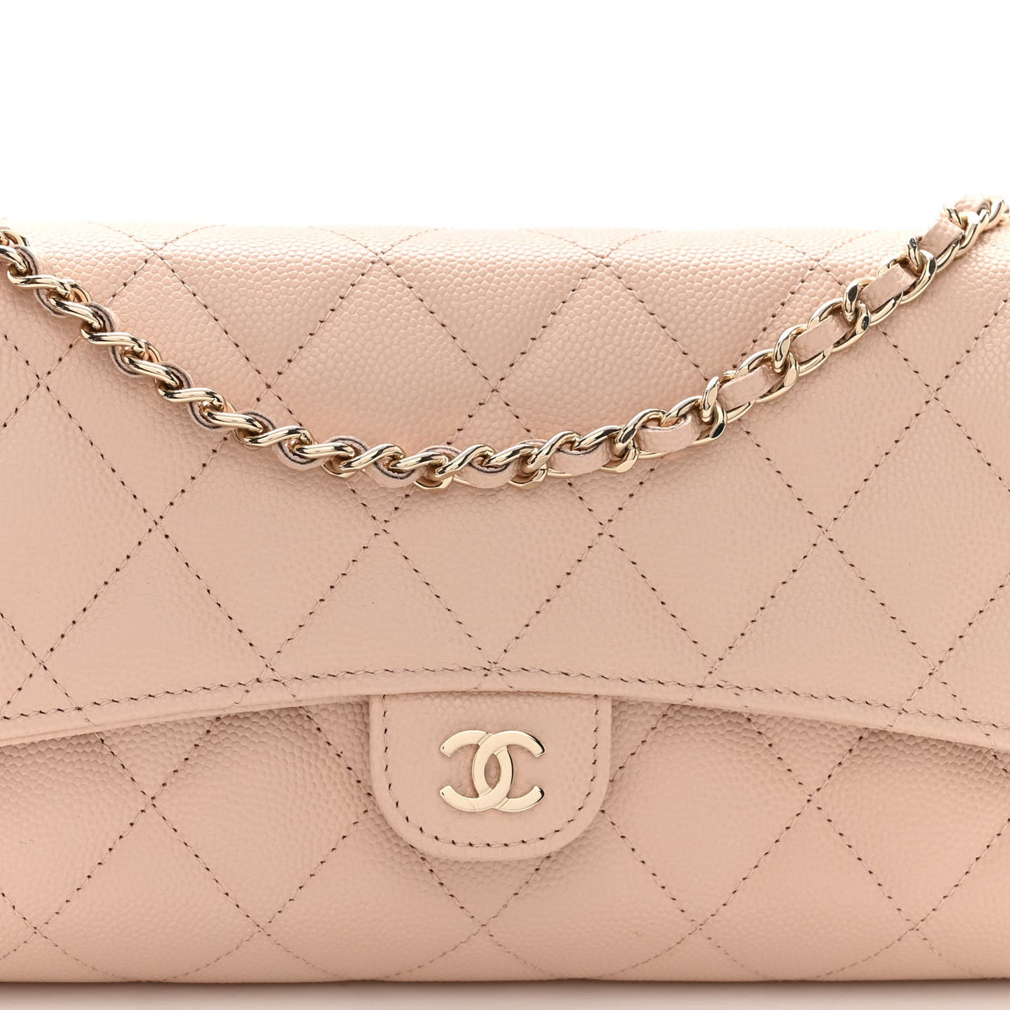Caviar Quilted Phone Holder Wallet on Removable Chain Light Beige