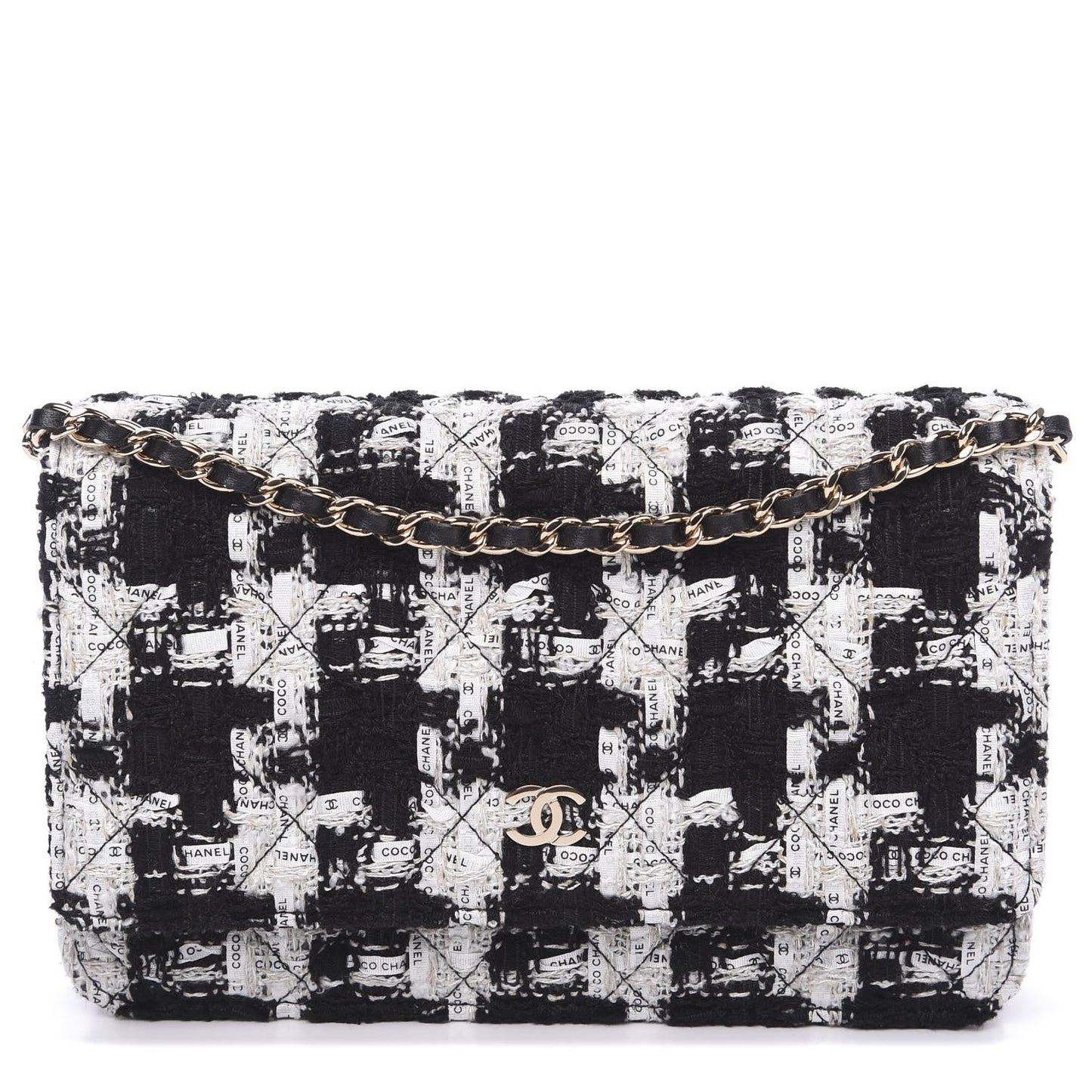 Tweed Quilted Wallet On Chain WOC Black Ecru White