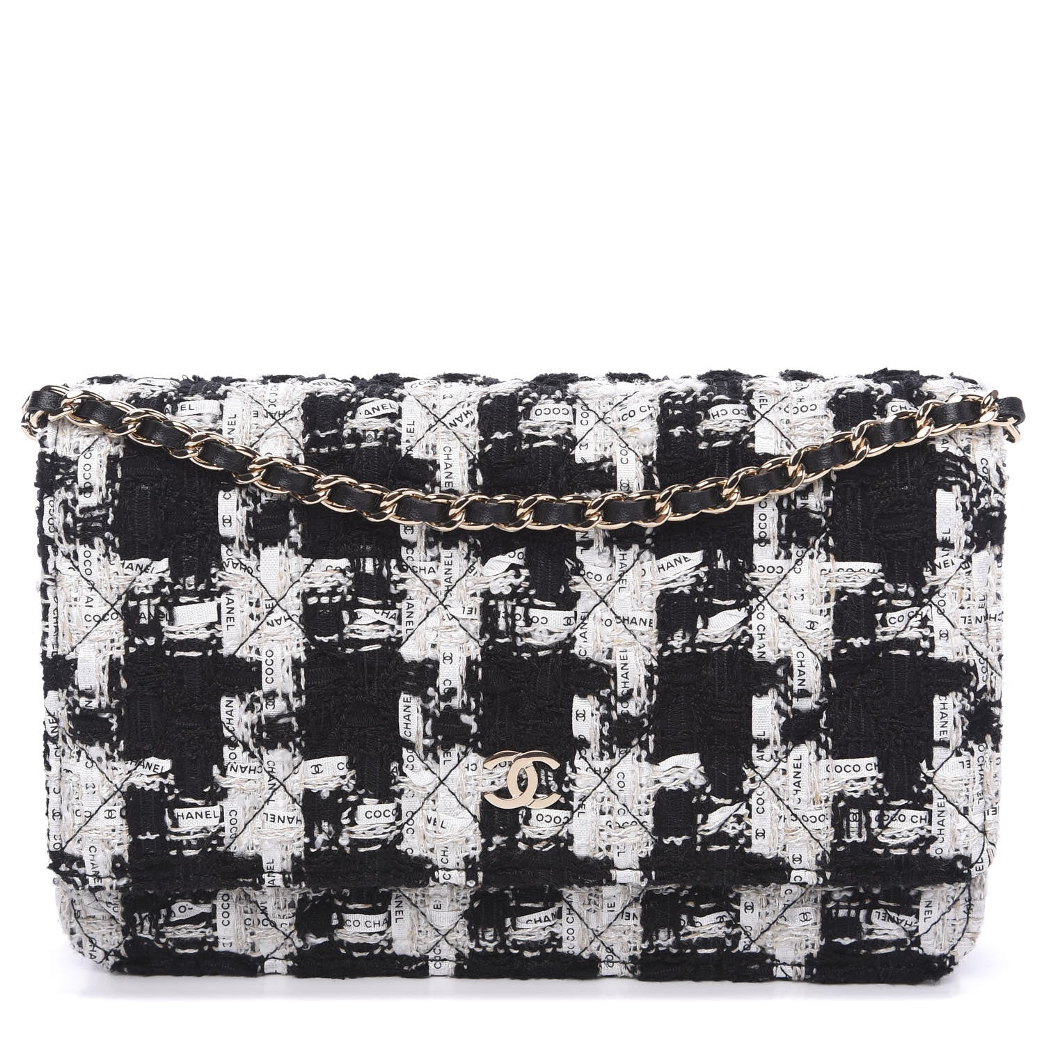 Chanel Tweed Quilted Wallet On Chain WOC Black Ecru White 1 of 10