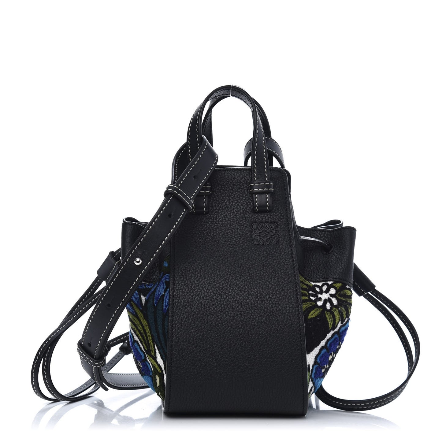 Calfskin Embroidered Floral Mini Hammock Shoulder Bag Black Peacock Blue
