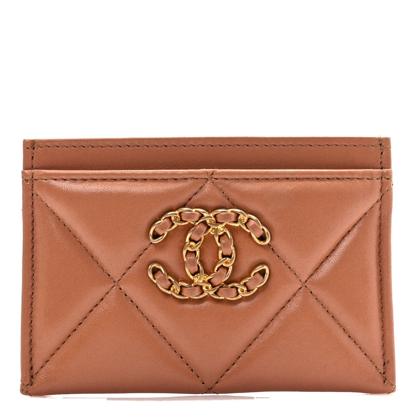 Lambskin Quilted Chanel 19 Card Holder Brown