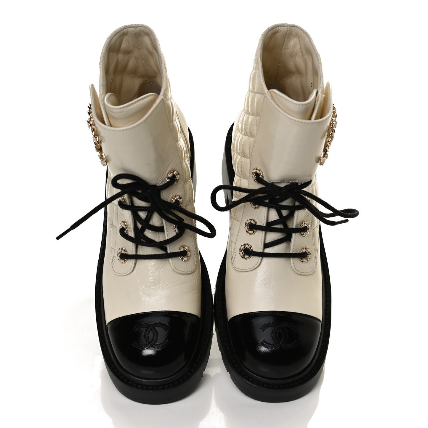 Shiny Calfskin Quilted Lace Up Combat Boots 38 Ivory Black