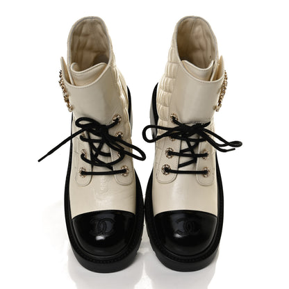 Chanel Shiny Calfskin Quilted Lace Up Combat Boots 38 Ivory Black 6 of 12