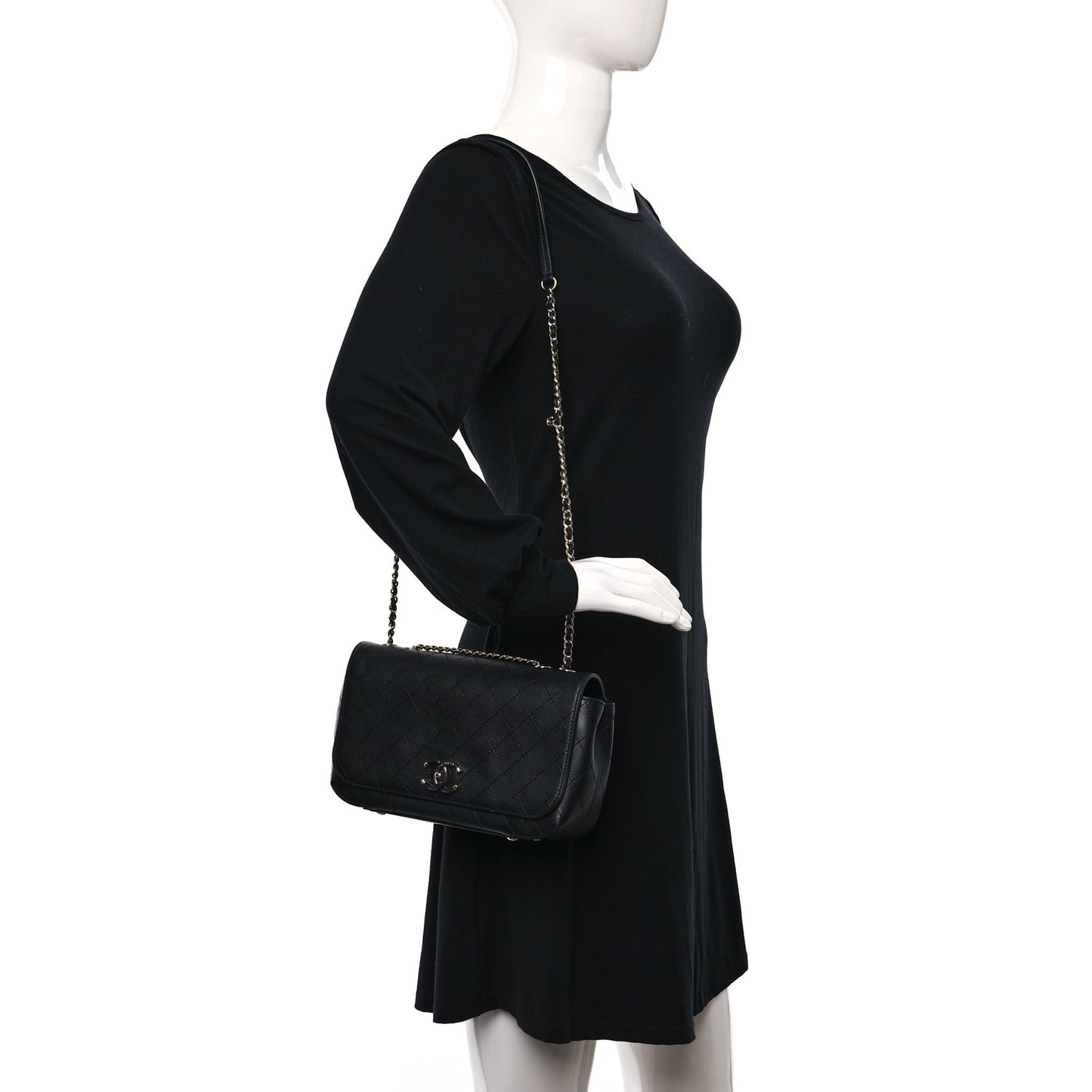 Calfskin Stitched Medium Covered CC Flap Bag Black