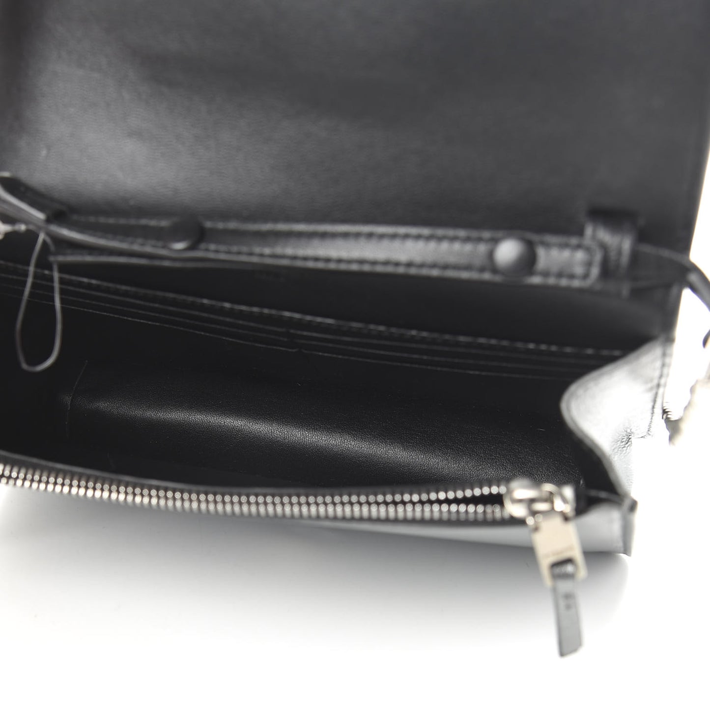Metallic Lambskin Emblem Chain Wallet Silver