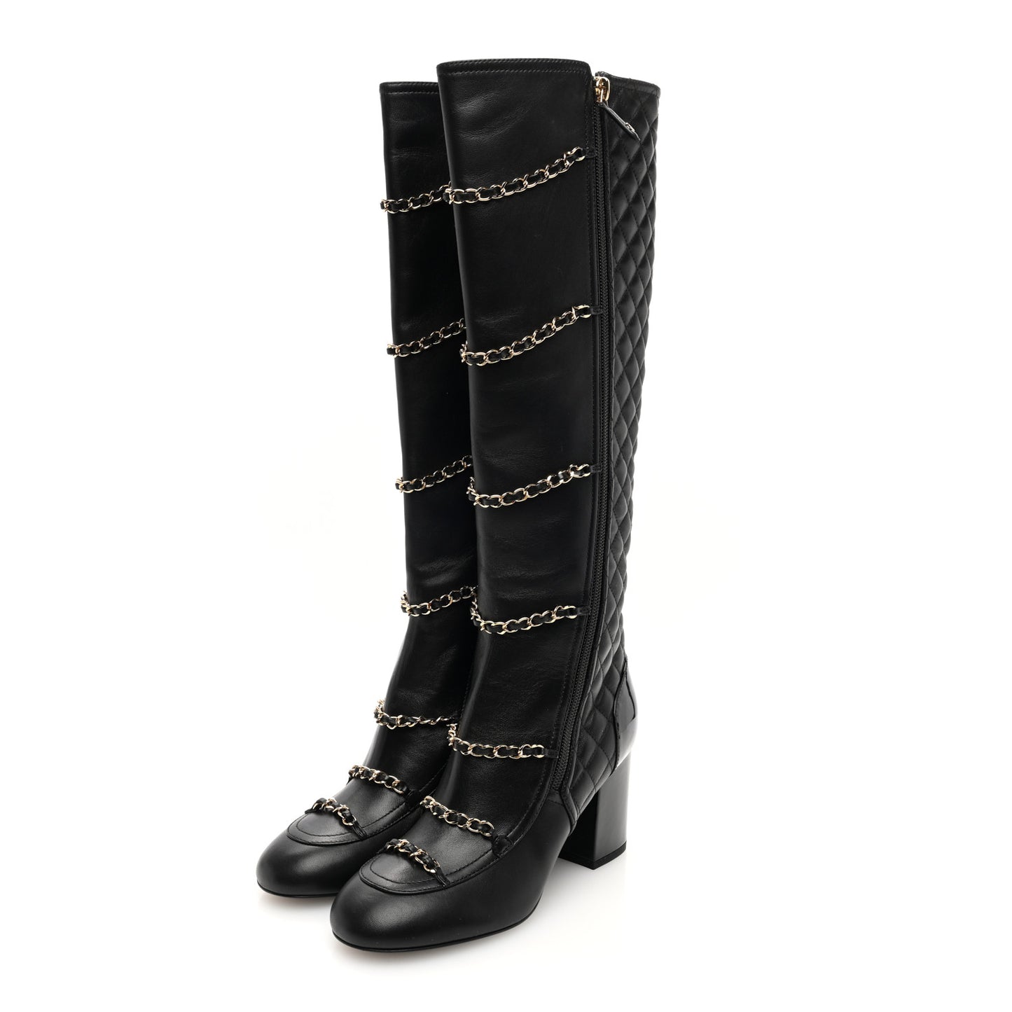 Lambskin Patent Calfskin Chained High Boots 37 Black