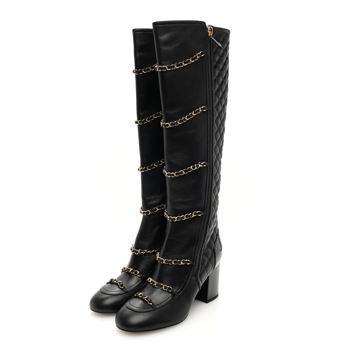Chanel Lambskin Patent Calfskin Chained High Boots 37 Black 2 of 8