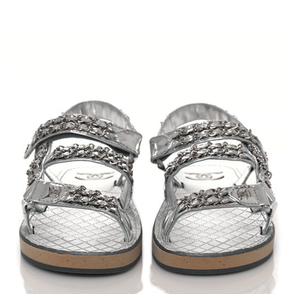 Chanel Metallic Laminated Goatskin Chain Flat Sandals 39 Silver 2 of 9