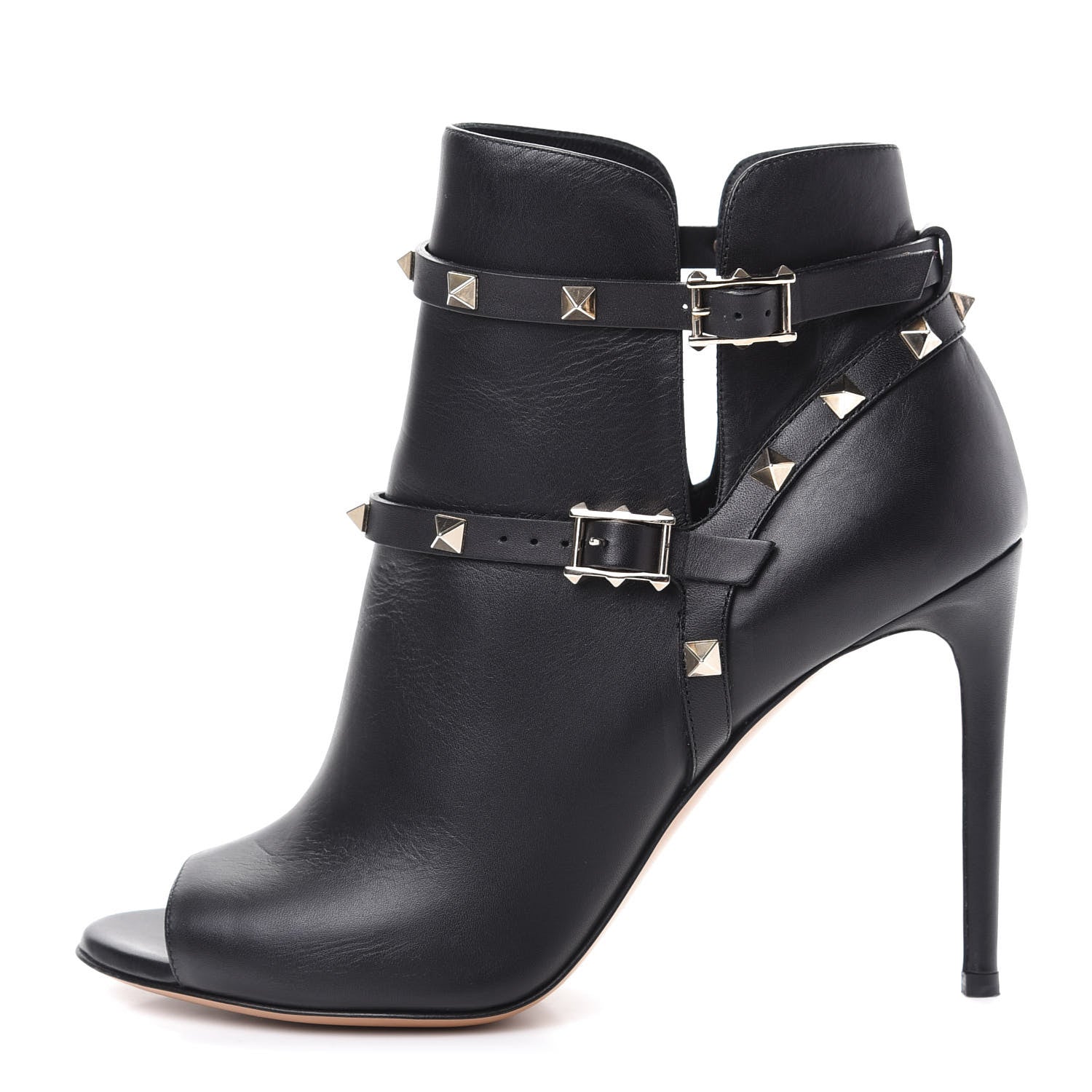 Valentino Garavani Calfskin Rockstud Peep Toe Double Buckle 100mm Ankle Boots 40 Black 1 of 10