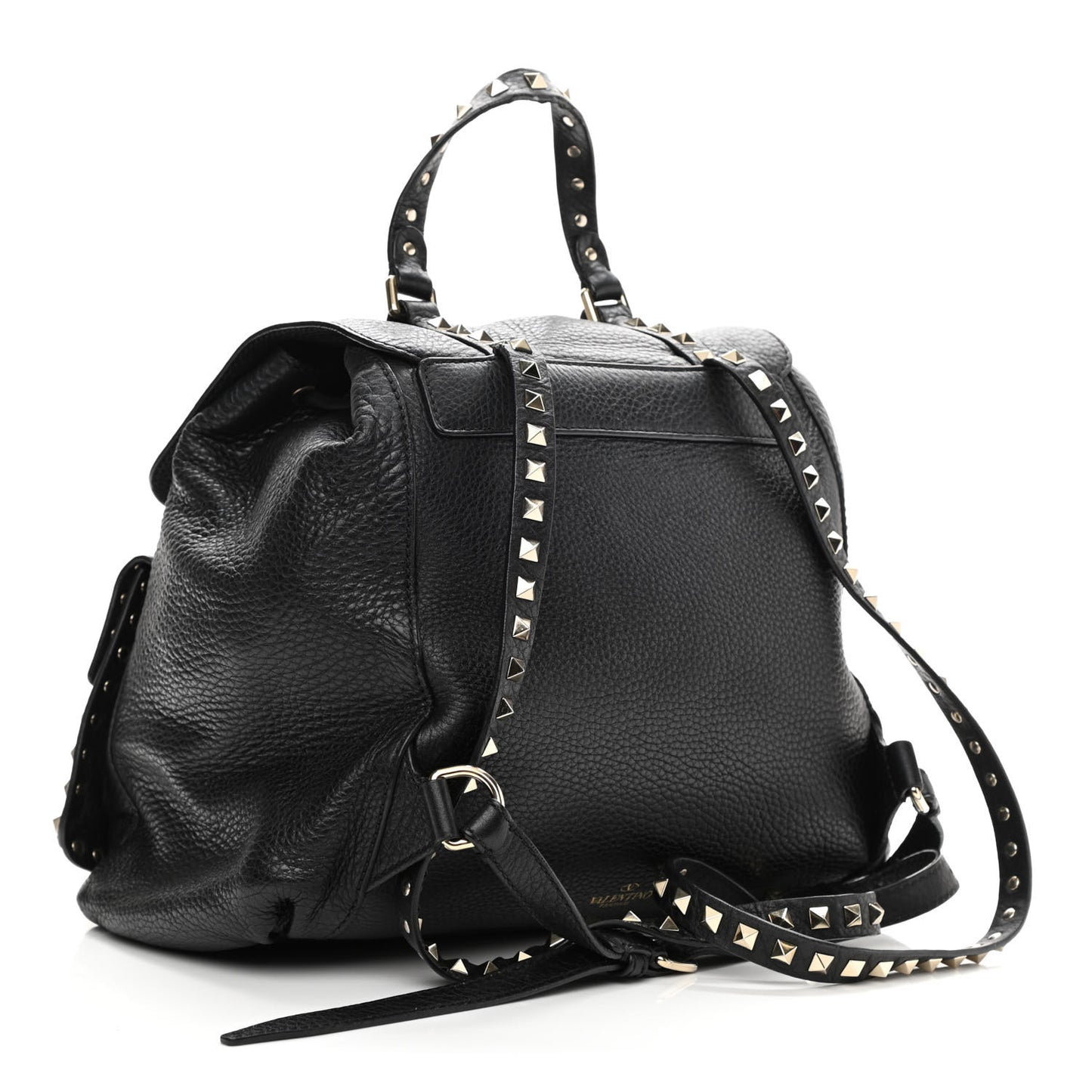 Pebbled Calfskin Rockstud Double Pocket Backpack Black