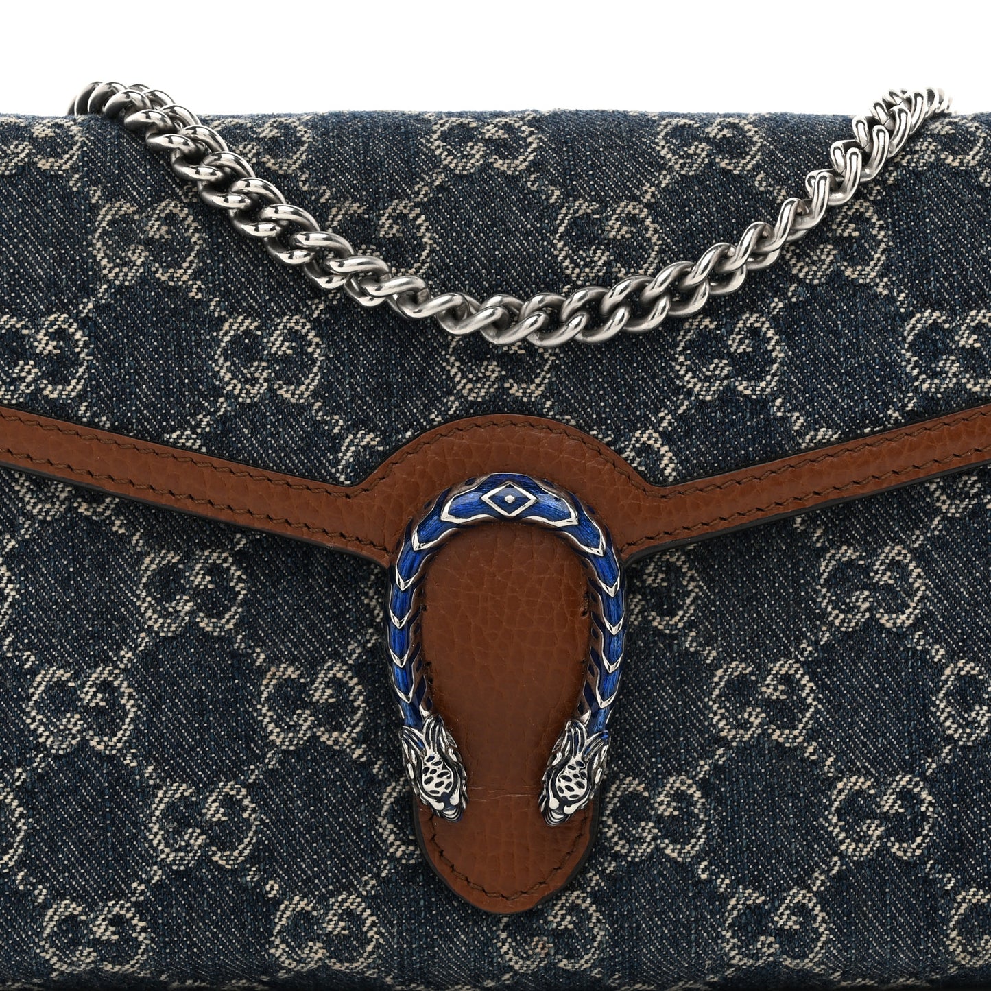 New Denim GG Monogram Dollar Calfskin Enamel Mini Dionysus Chain Wallet Blue Tea Cuir Epilog Electric Blue