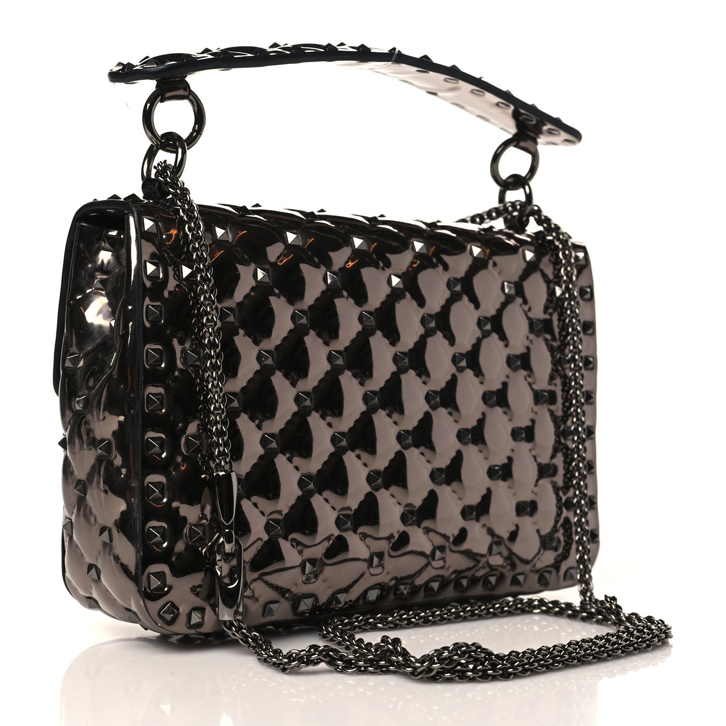 Metallic Patent Medium Rockstud Spike Shoulder Bag Rutenio