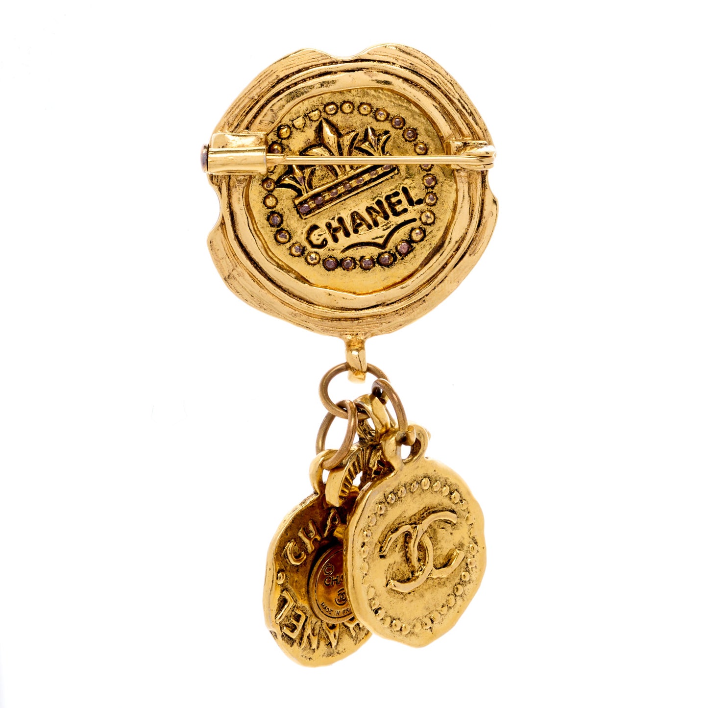 Metal CC Drop Medallion Brooch Gold