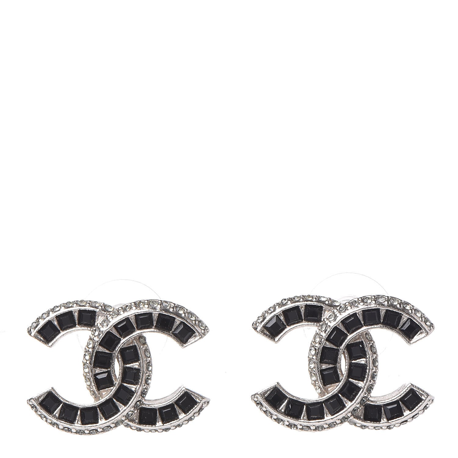 Chanel Baguette Crystal CC Earrings Silver Black 1 of 5