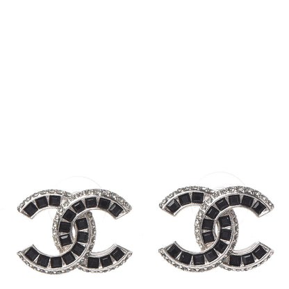 Chanel Baguette Crystal CC Earrings Silver Black 1 of 5