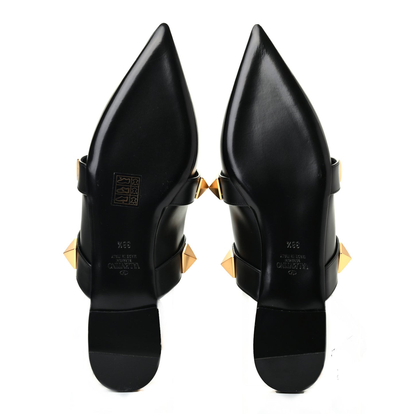 Calfskin Roman Stud Ankle Strap Flat Mules 38.5 Black