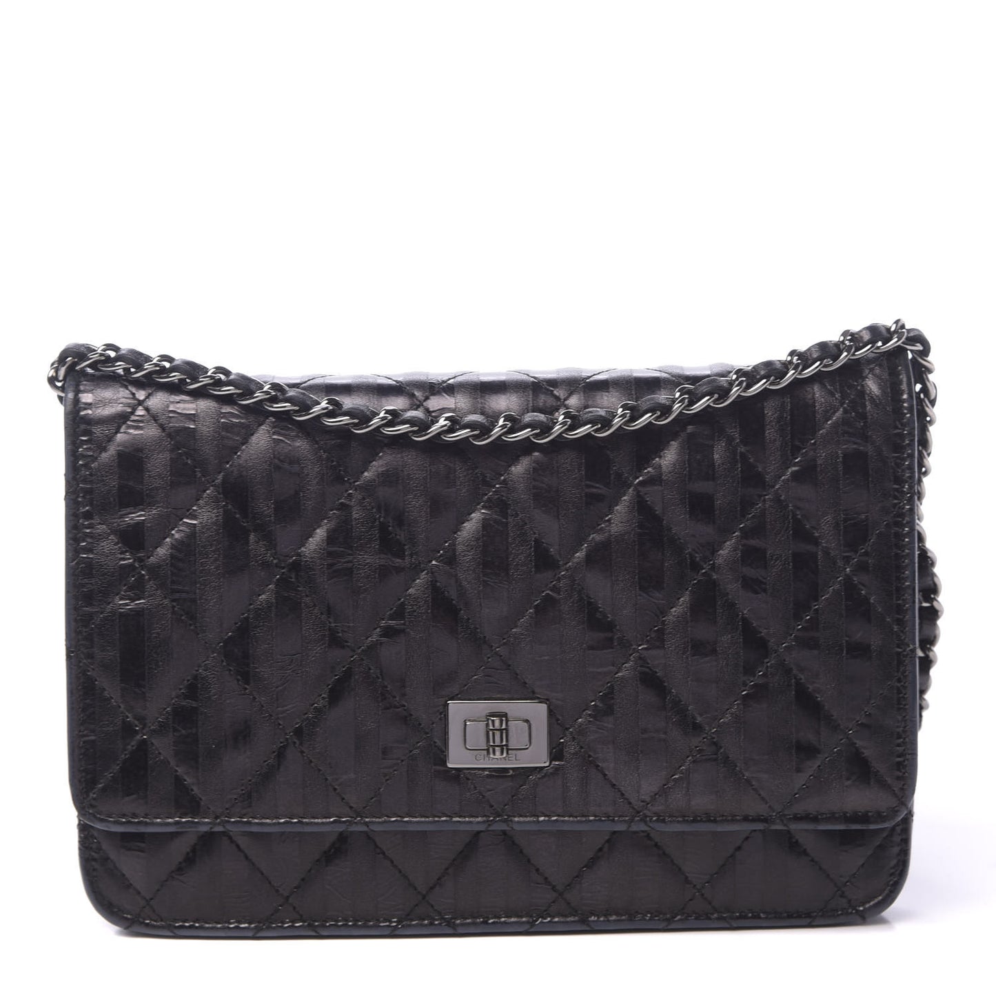 Aged Calfskin Striped Reissue Wallet On Chain WOC Black