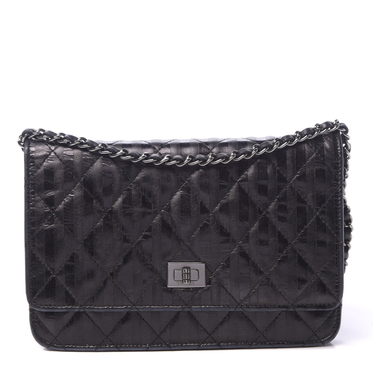 Chanel Aged Calfskin Striped Reissue Wallet On Chain WOC Black 1 of 12