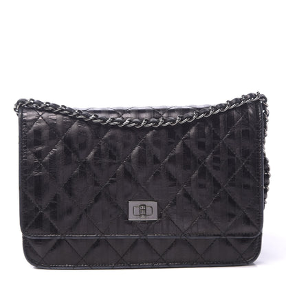 Chanel Aged Calfskin Striped Reissue Wallet On Chain WOC Black 1 of 12