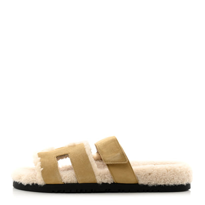 Hermes Suede Goatskin Woolskin Womens Chypre Sandals 38 Golden Beige 1 of 8