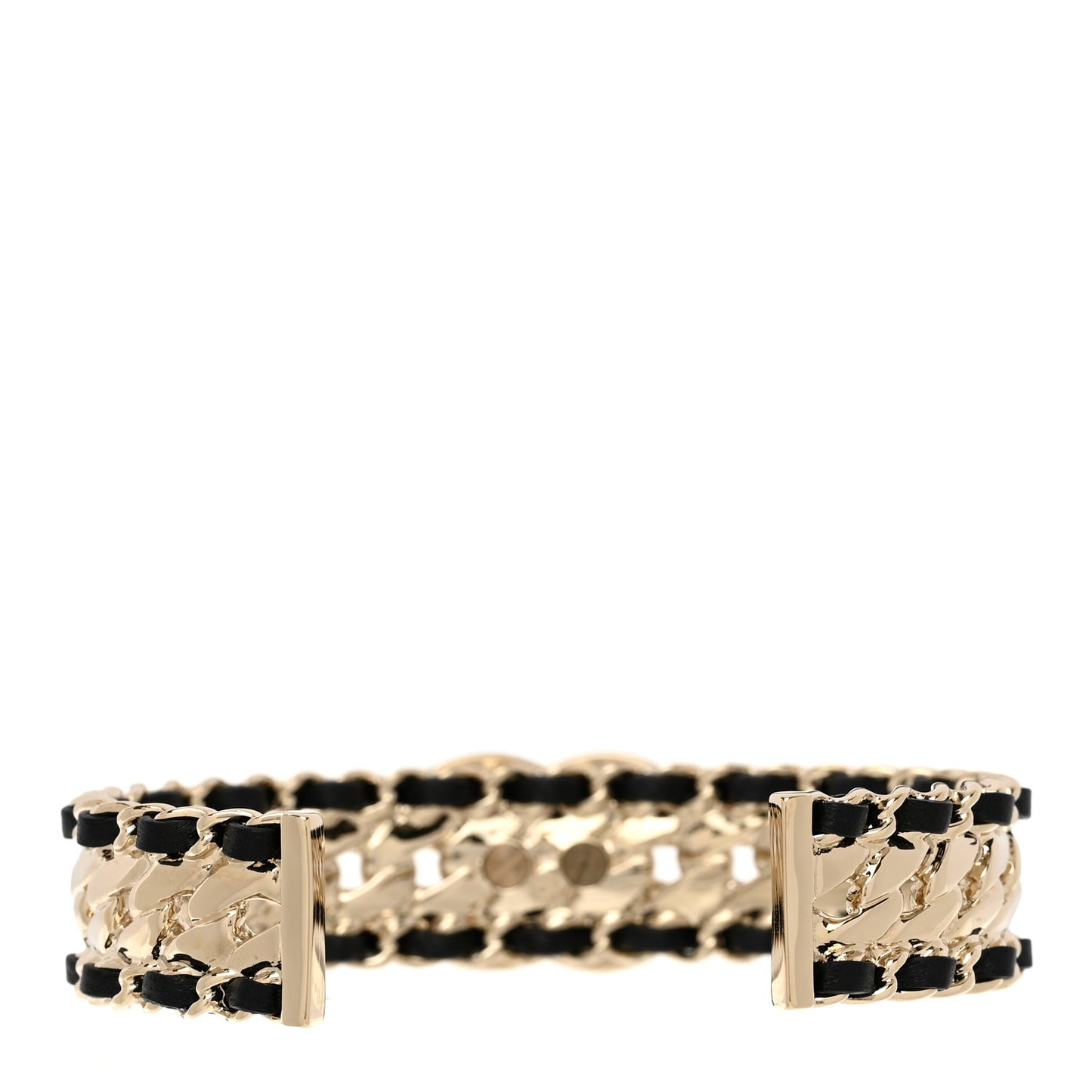 Metal Crystal Lambskin Chain CC Cuff Bracelet Gold Black