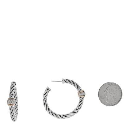 David Yurman Sterling Silver 18K Yellow Gold Diamond Cable Classics Hoop Earrings 2 of 4