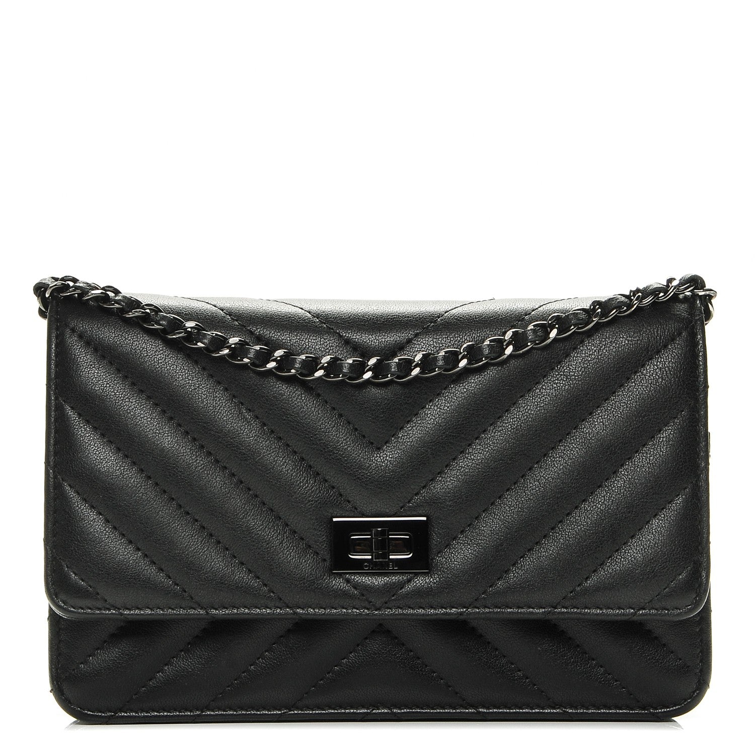 Chanel Sheepskin Chevron Reissue Wallet On Chain WOC So Black 1 of 9