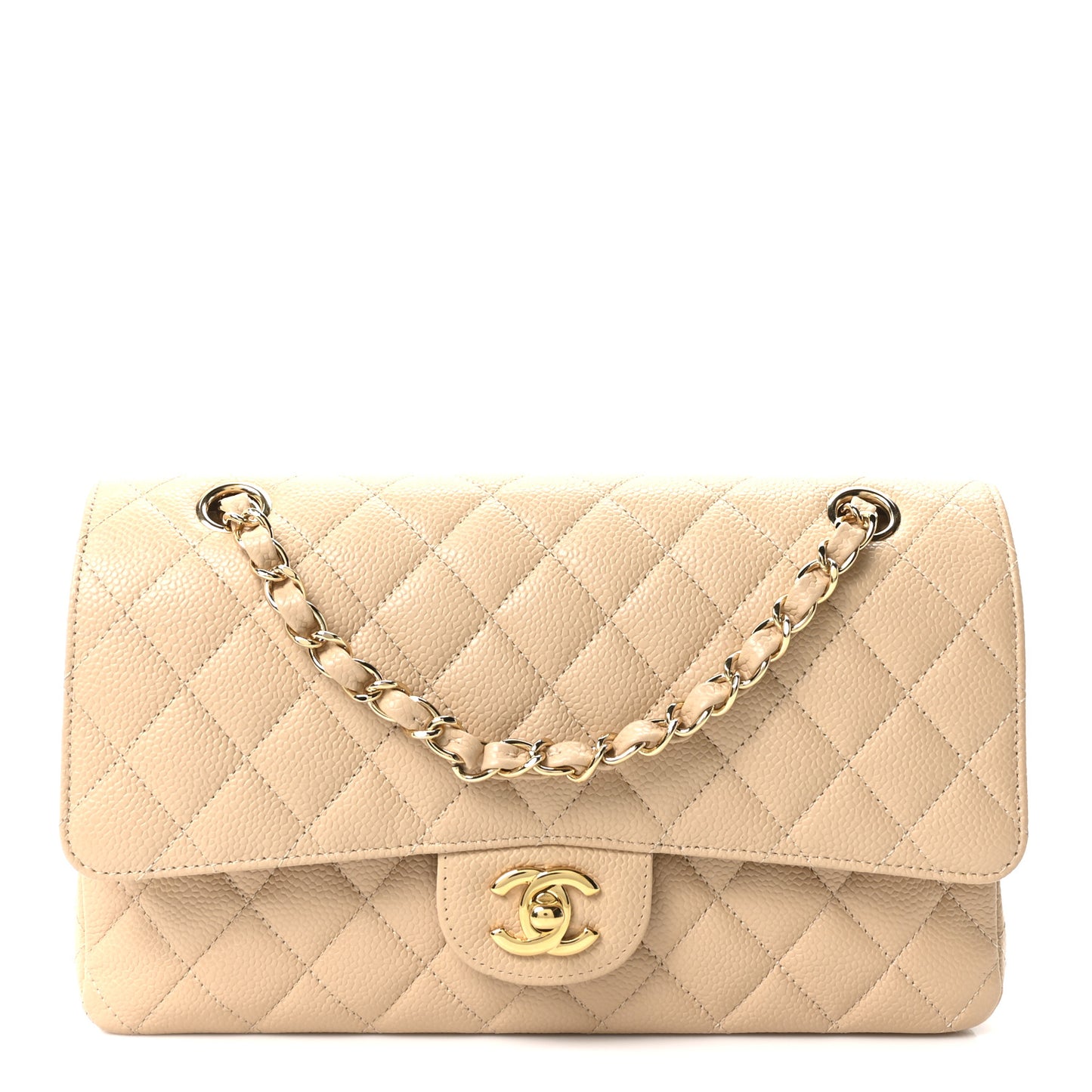 Caviar Quilted Medium Double Flap Beige
