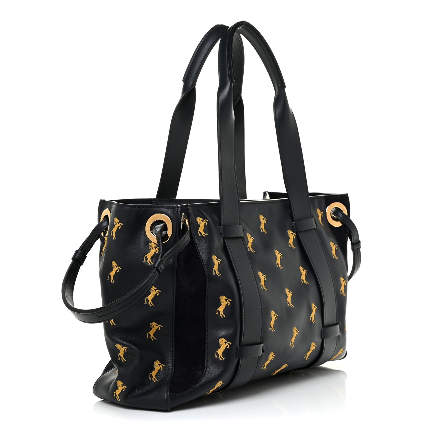 Smooth Calfskin Little Horses Embroidered Tao Zipped Tote Black