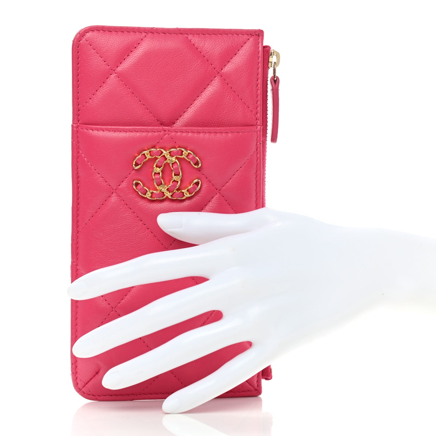 Shiny Goatskin Quilted Chanel 19 Flat Wallet Pouch Dark Pink