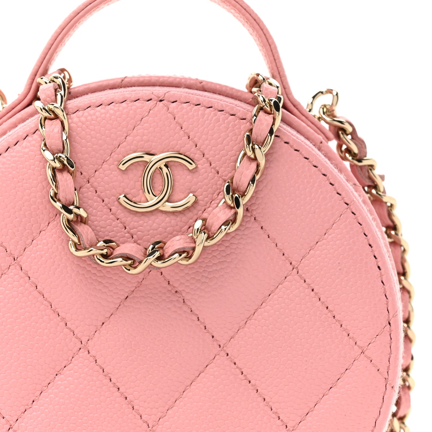 Caviar Quilted Round Handle With Care Vanity With Chain Pink