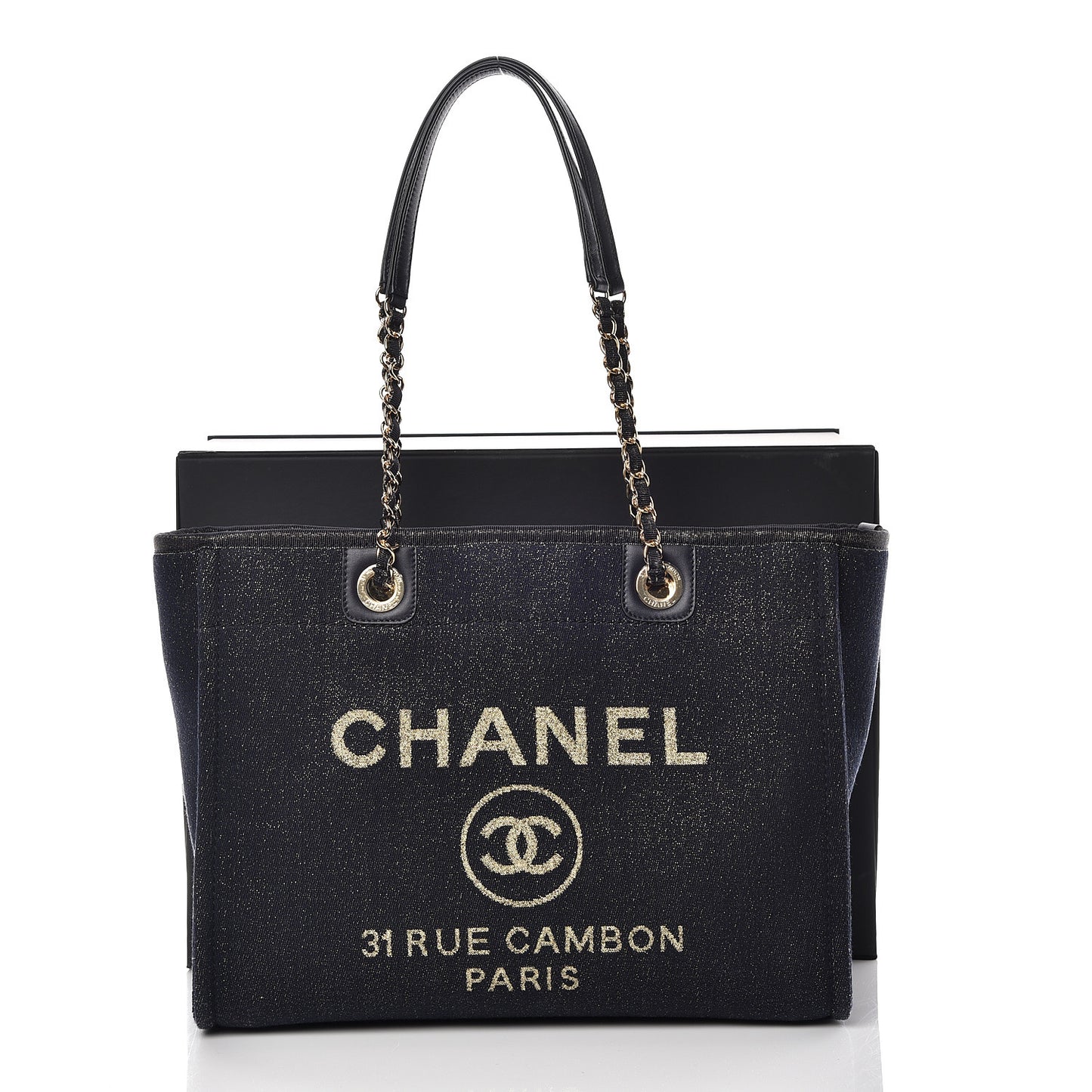 Lurex Canvas Small Deauville Tote Navy Blue Gold