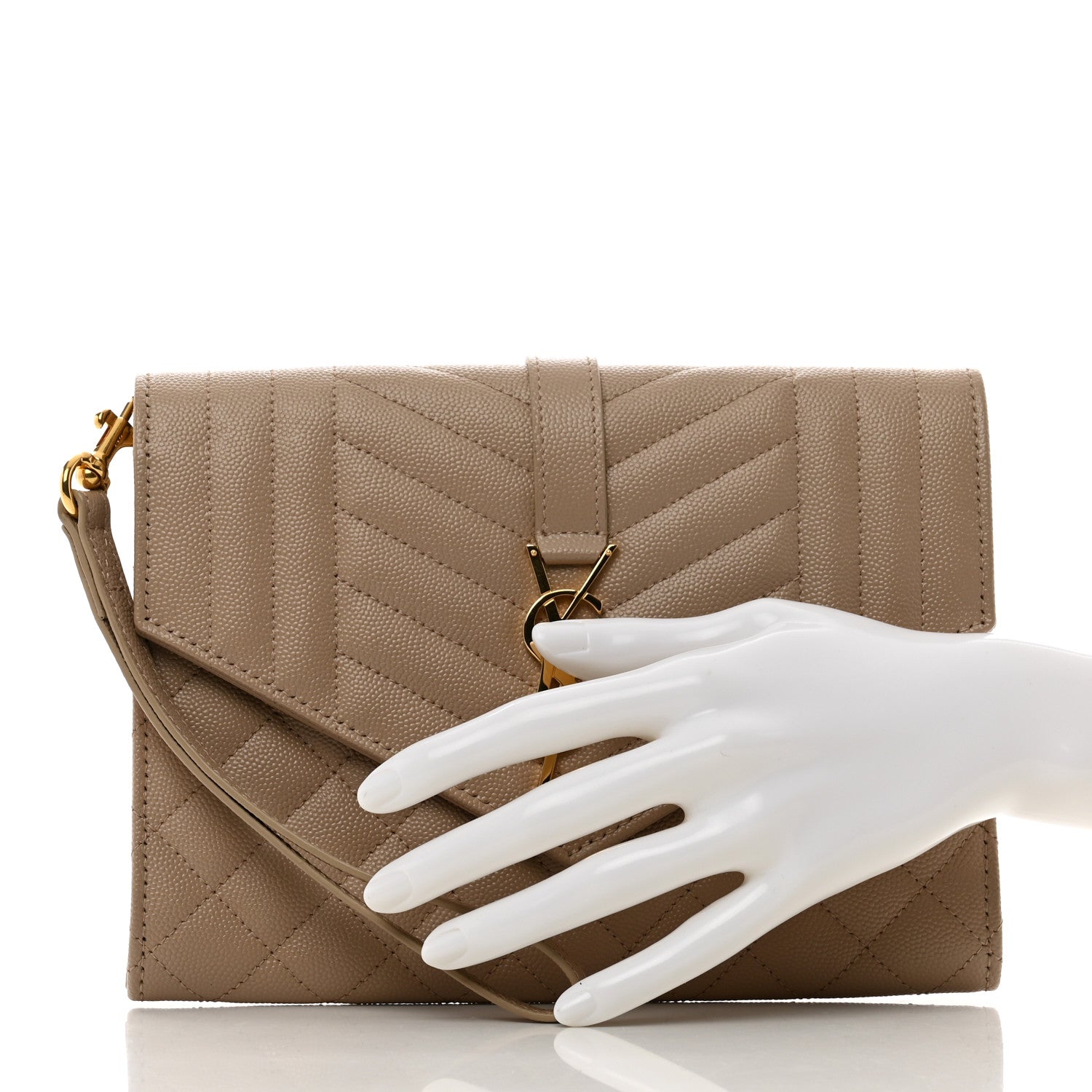 Saint Laurent Grain De Poudre Matelasse Chevron Monogram Envelope Clutch Dark Beige 2 of 8