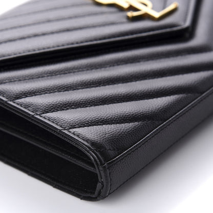 Saint Laurent Grain De Poudre Matelasse Chevron Monogram Chain Wallet Black 6 of 9