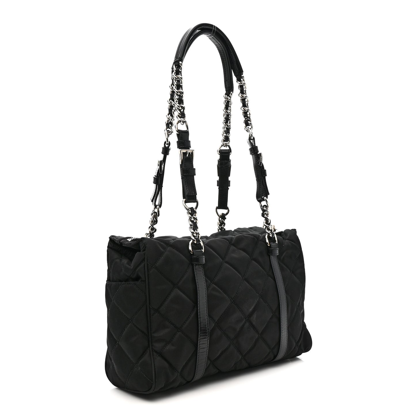 Nylon Tessuto Quilted Chain Shoulder Bag Black