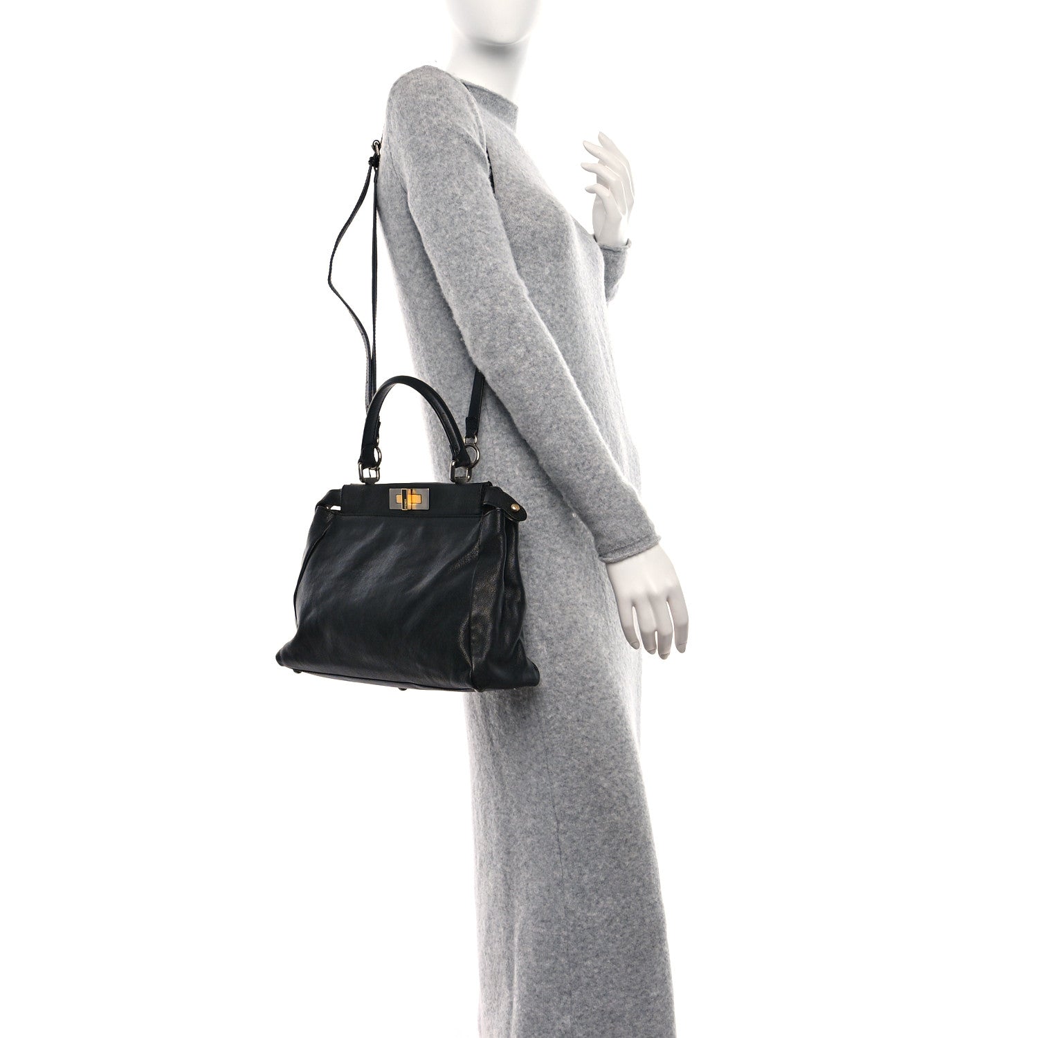 Fendi Goatskin Zucca Medium Peekaboo Iconic Satchel Black Tobacco 3 of 11