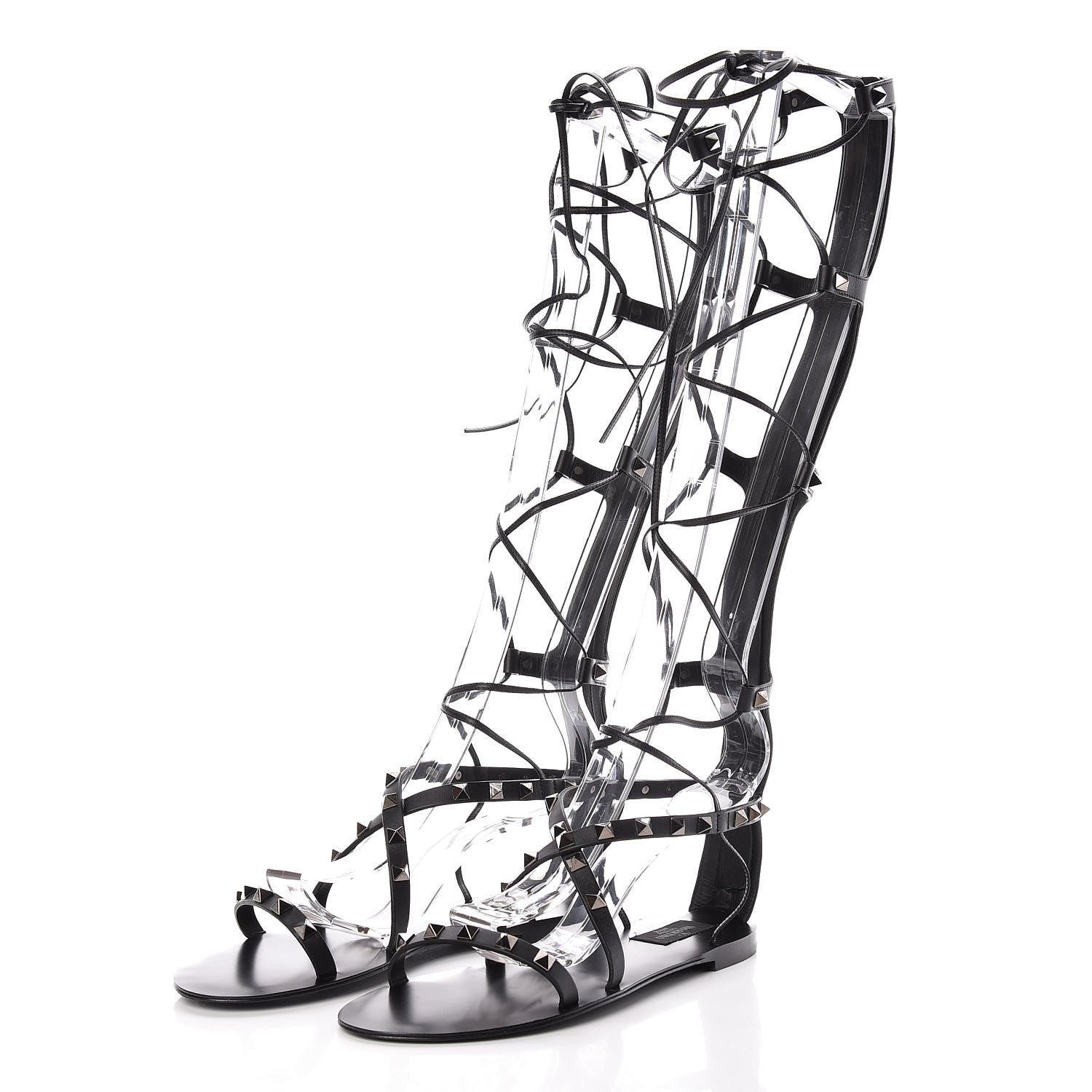 Valentino Garavani Calfskin Rockstud Knee-High Gladiator Sandals 37.5 Black 3 of 9