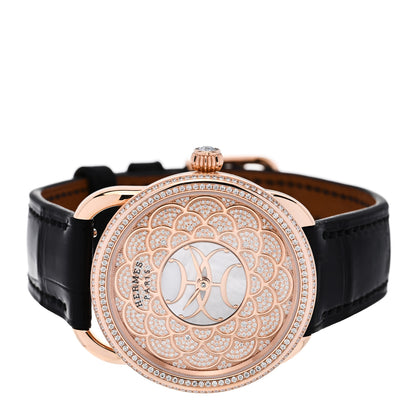 Hermes 18K Rose Gold Alligator Diamond Mother of Pearl 34mm Arceau H Deco Automatic Watch 2 of 5