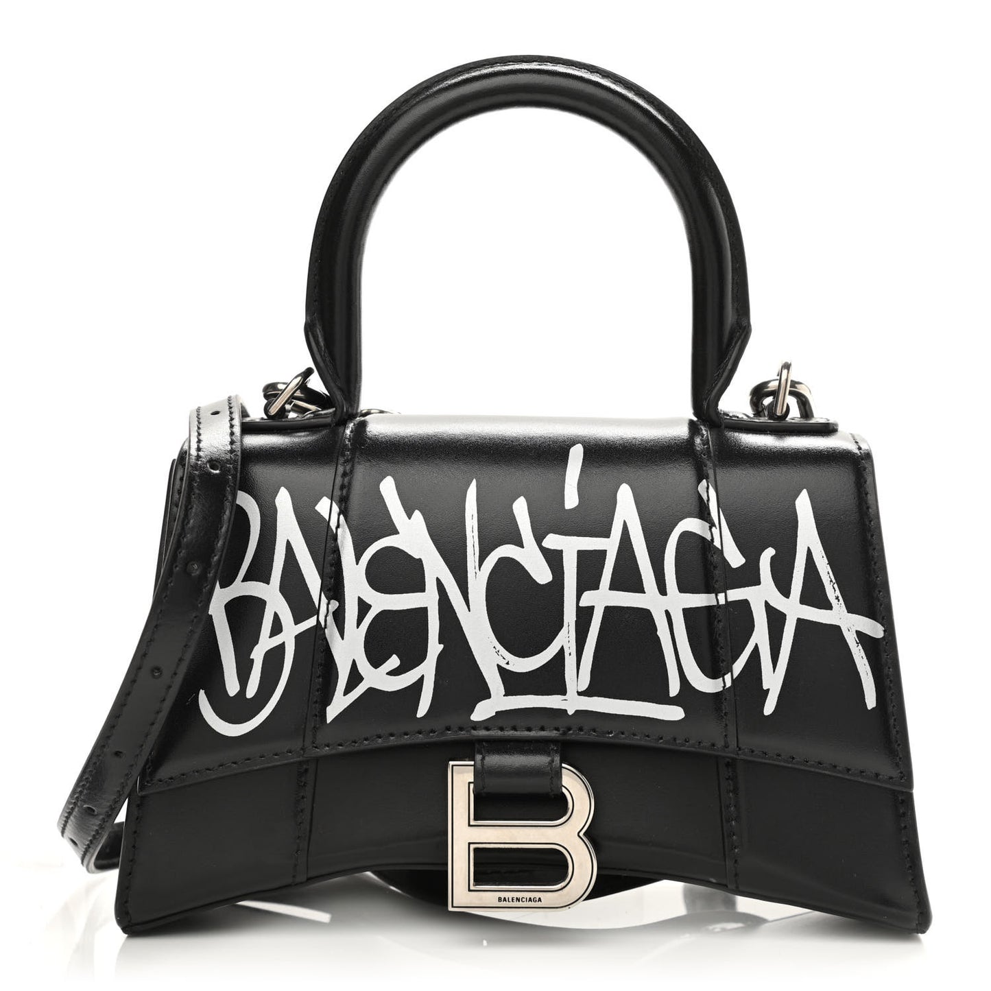 Box Calfskin Graffiti Logo Hourglass Top Handle Bag XS Black Silver