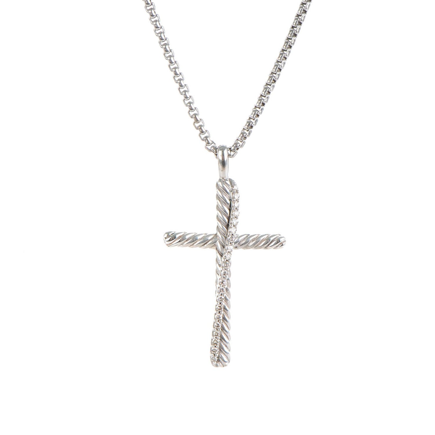 Sterling Silver Diamond Pave 29mm Crossover Cross Necklace