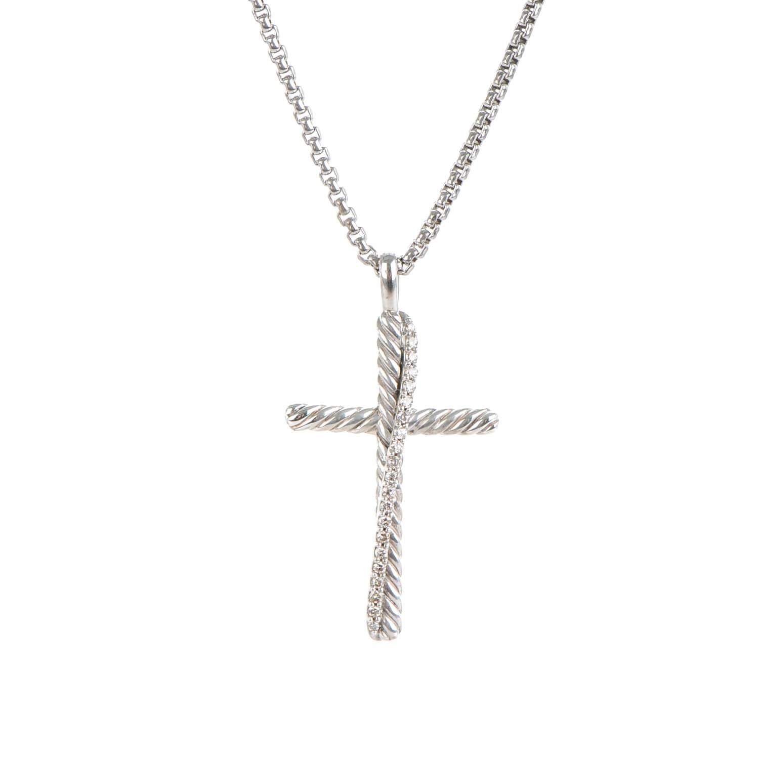 David Yurman Sterling Silver Diamond Pave 29mm Crossover Cross Necklace 3 of 5