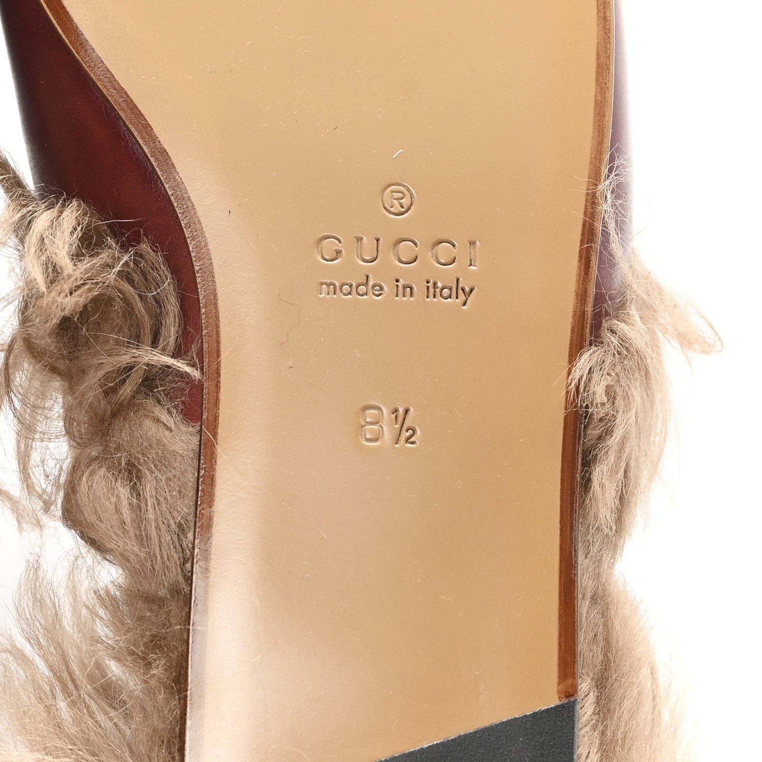 Gucci etis Glamour Calfskin Granada Kid Fur Mens Princetown Slippers 8.5 Ruby Bordeaux Naturale 7 of 9
