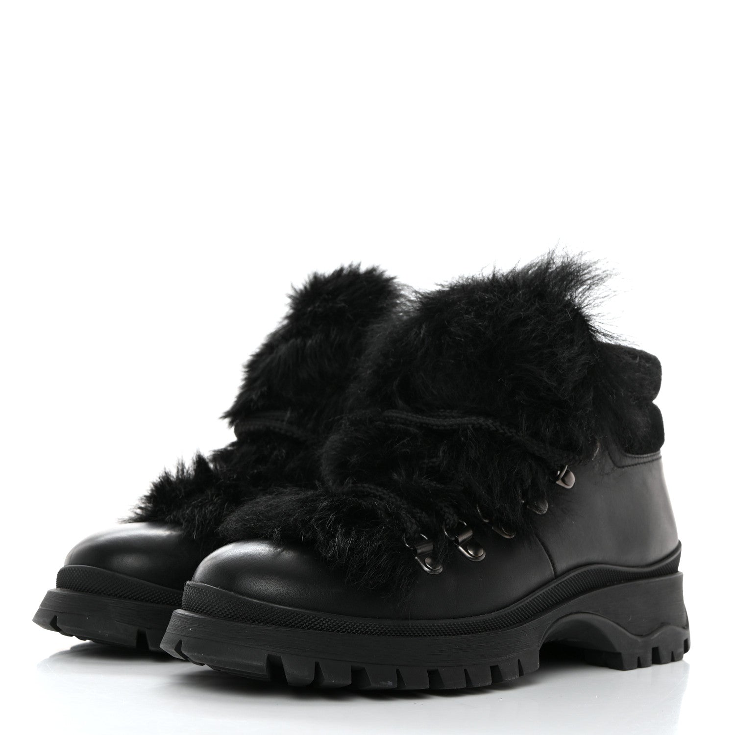 Prada Calfskin Shearling Montone Pull Up Ankle Boots 37.5 Black 3 of 9