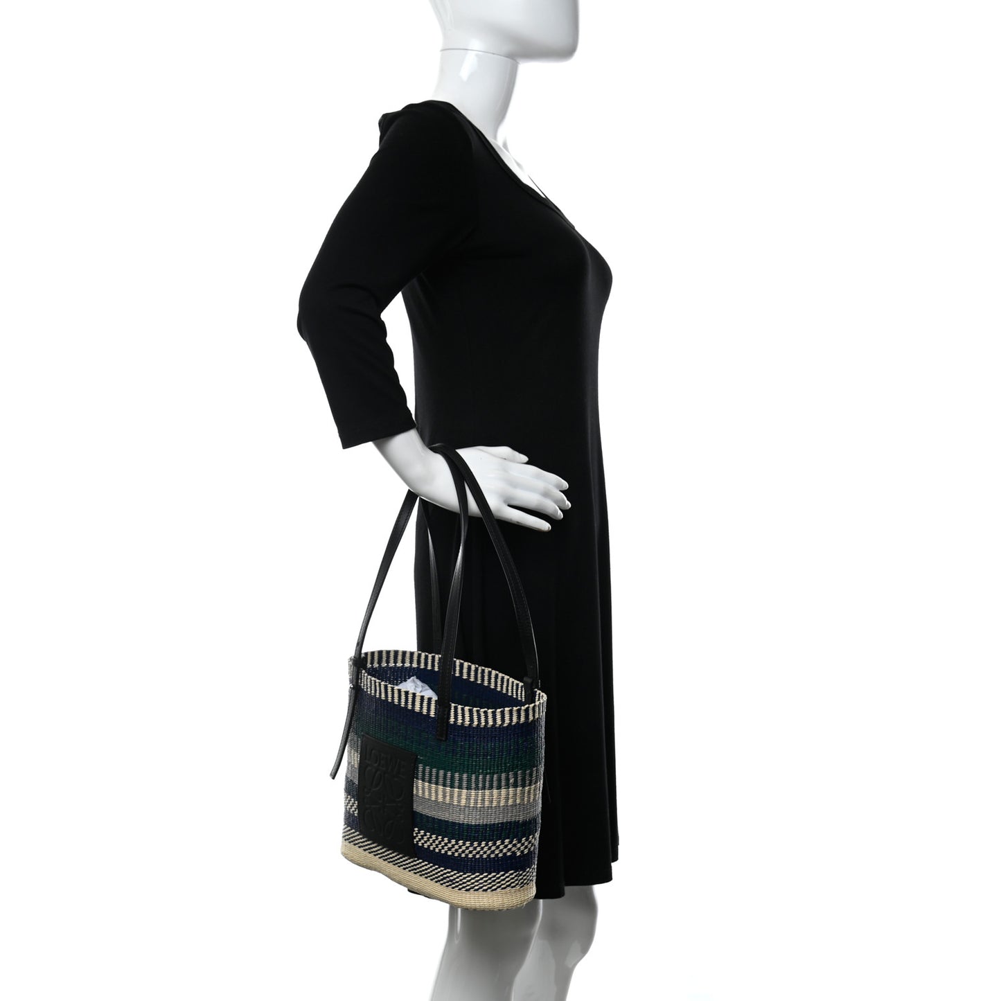Textile Calfskin Small Square Basket Tote Bag Black Multicolor