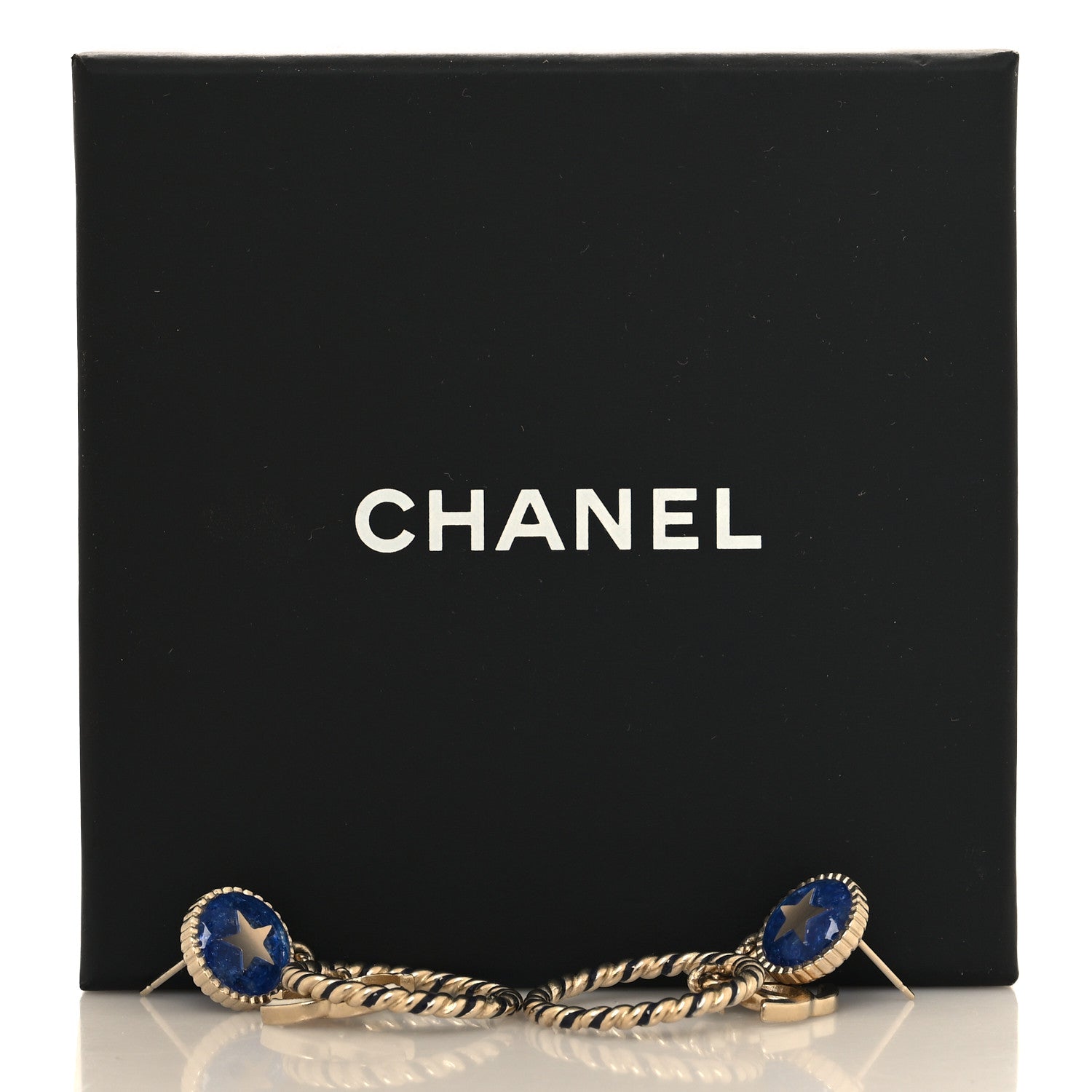 Chanel Resin Star CC Drop Earrings Blue Gold 5 of 5