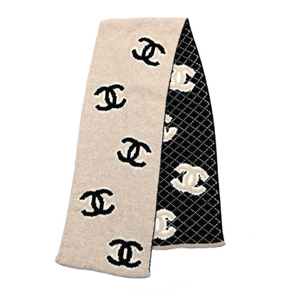 Chanel Wool Cashmere CC Scarf Black Beige 2 of 4