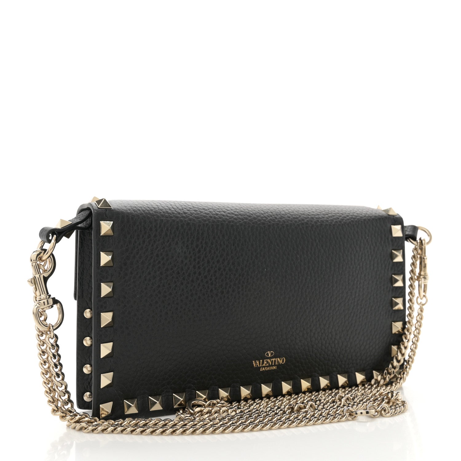 Valentino Garavani Pebbled Calfskin Rockstud Flap Wallet On Chain Black 3 of 9