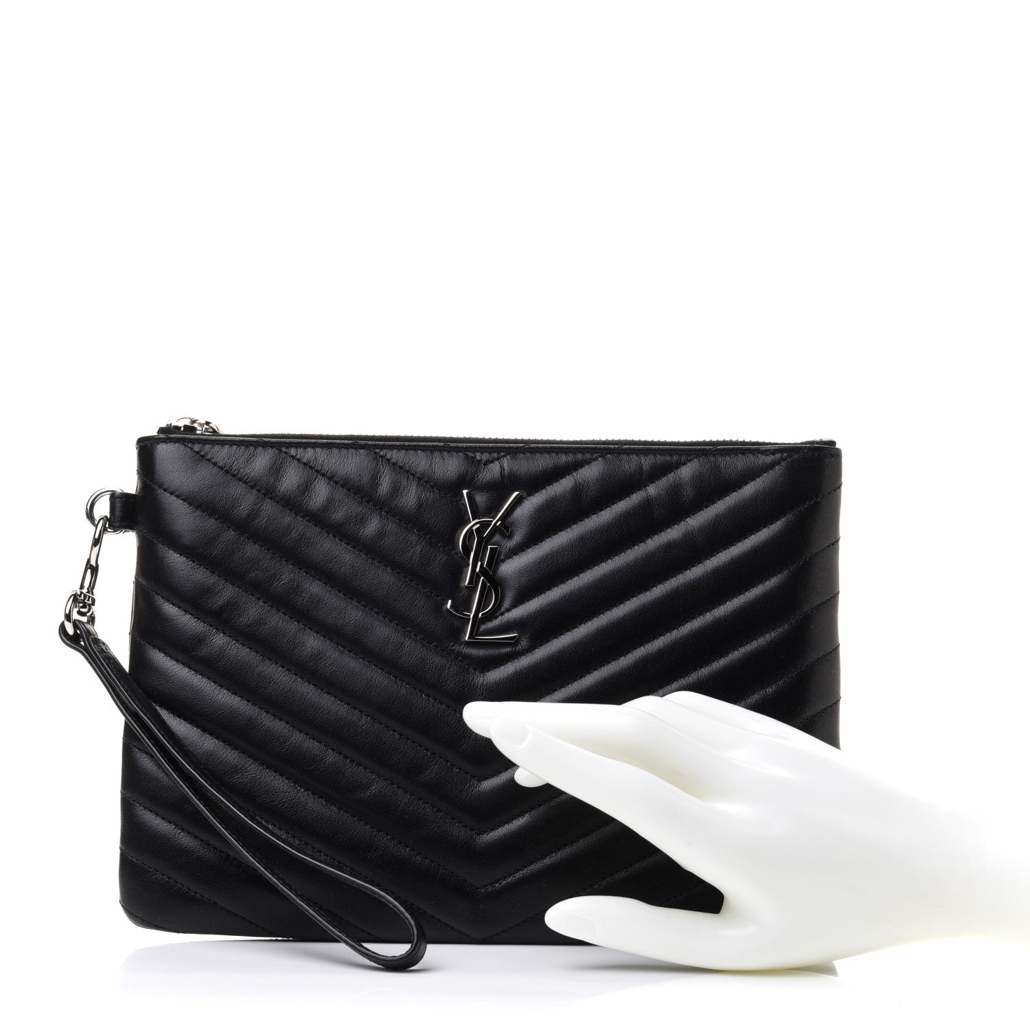 Saint Laurent Calfskin Matelasse Chevron Monogram A5 Wristlet Black 2 of 9